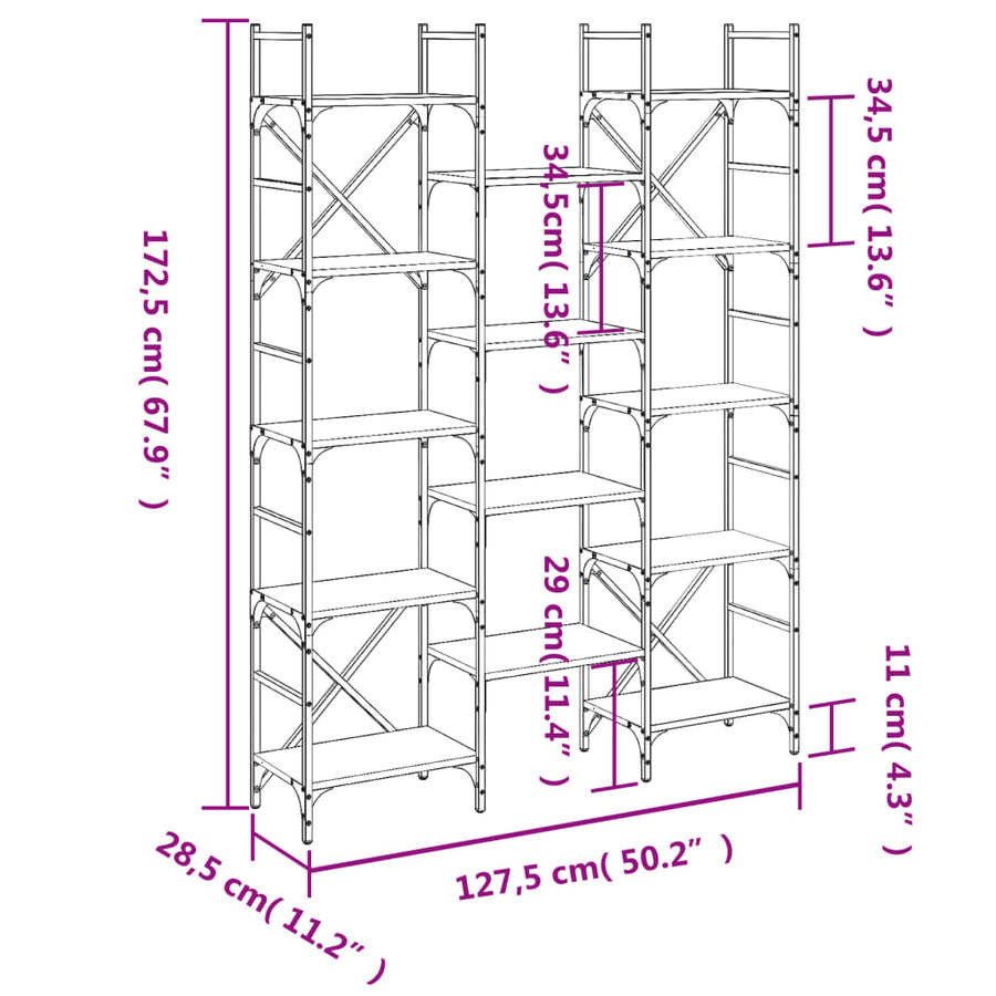 Boekenkast 27,5X28,5X72,5 Cm Bewerkt Hout Eiken 127.5 x 28.5 x 172.5 cm Grijs sonoma