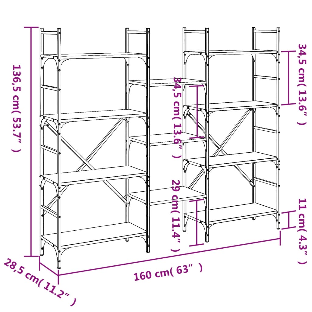 Boekenkast 60X28,5X36,5 Cm Bewerkt Hout 160 x 28.5 x 136.5 cm Zwart