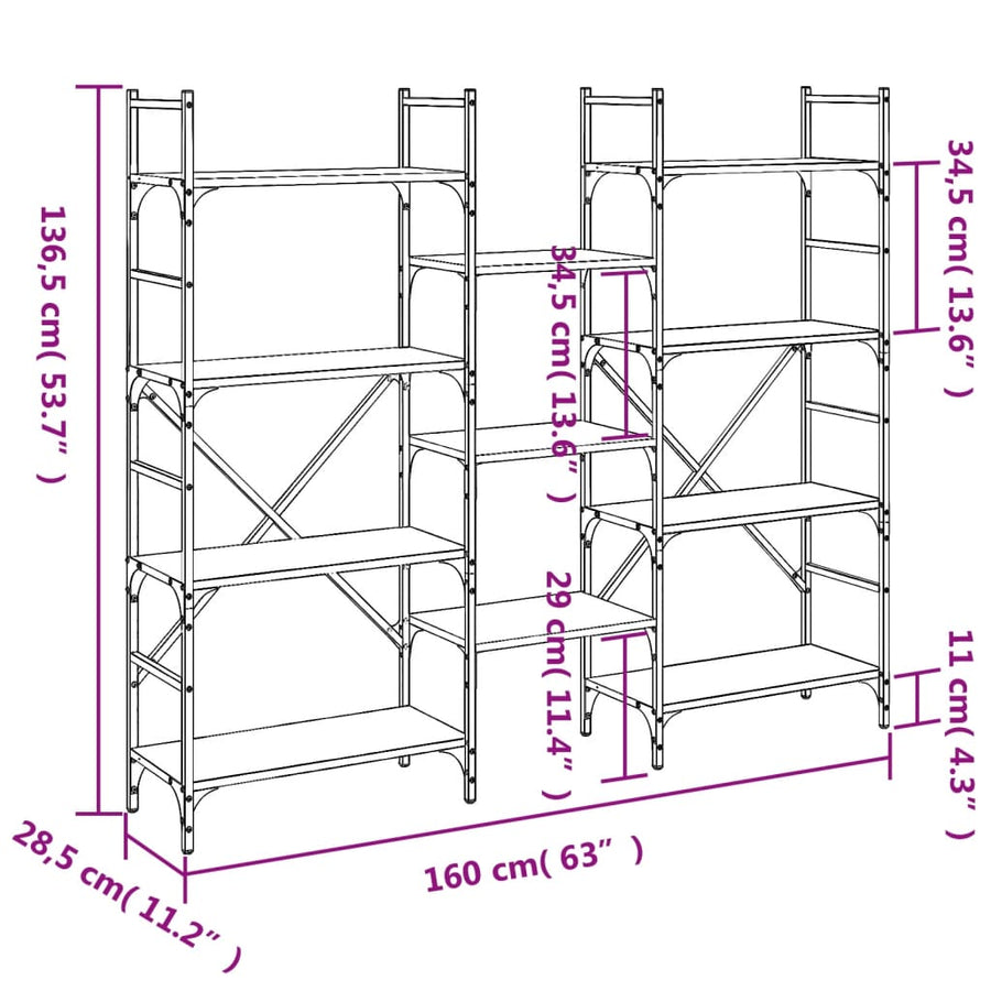 Boekenkast 60X28,5X36,5 Cm Bewerkt Hout 160 x 28.5 x 136.5 cm Zwart