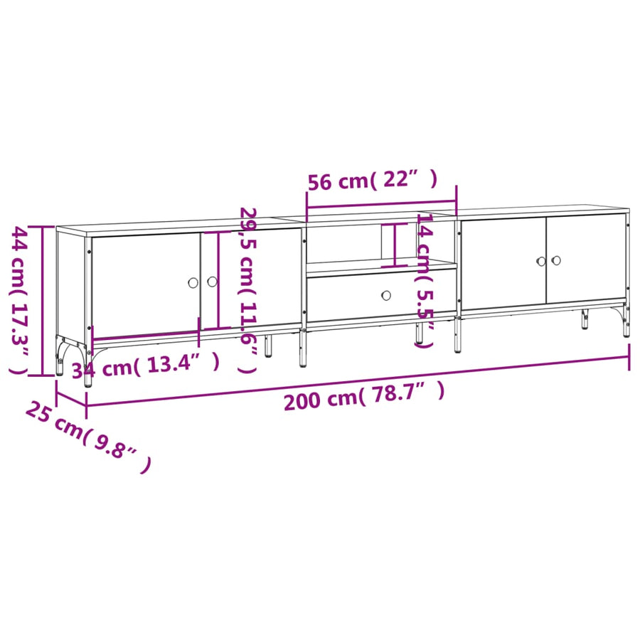 Tv-Meubel Met Lade 200X25X44 Cm Bewerkt Hout Eiken Grijs sonoma