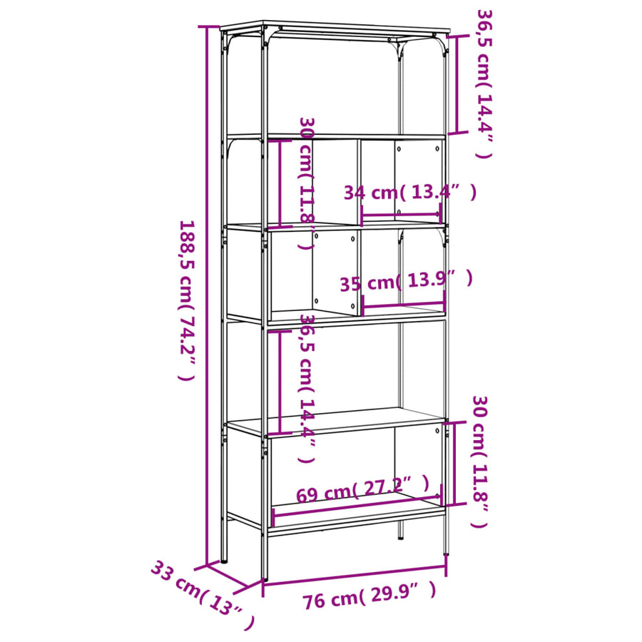 Boekenkast 5-Laags 76X33X88,5 Cm Bewerkt Hout Gerookt eiken