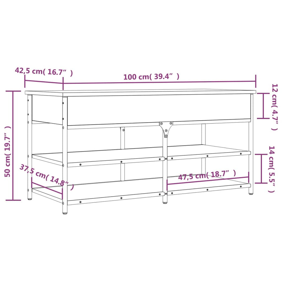 Schoenenbankje 100X42,5X50 Cm Bewerkt Hout Kleurig 100 x 42.5 x 50 cm Gerookt eiken