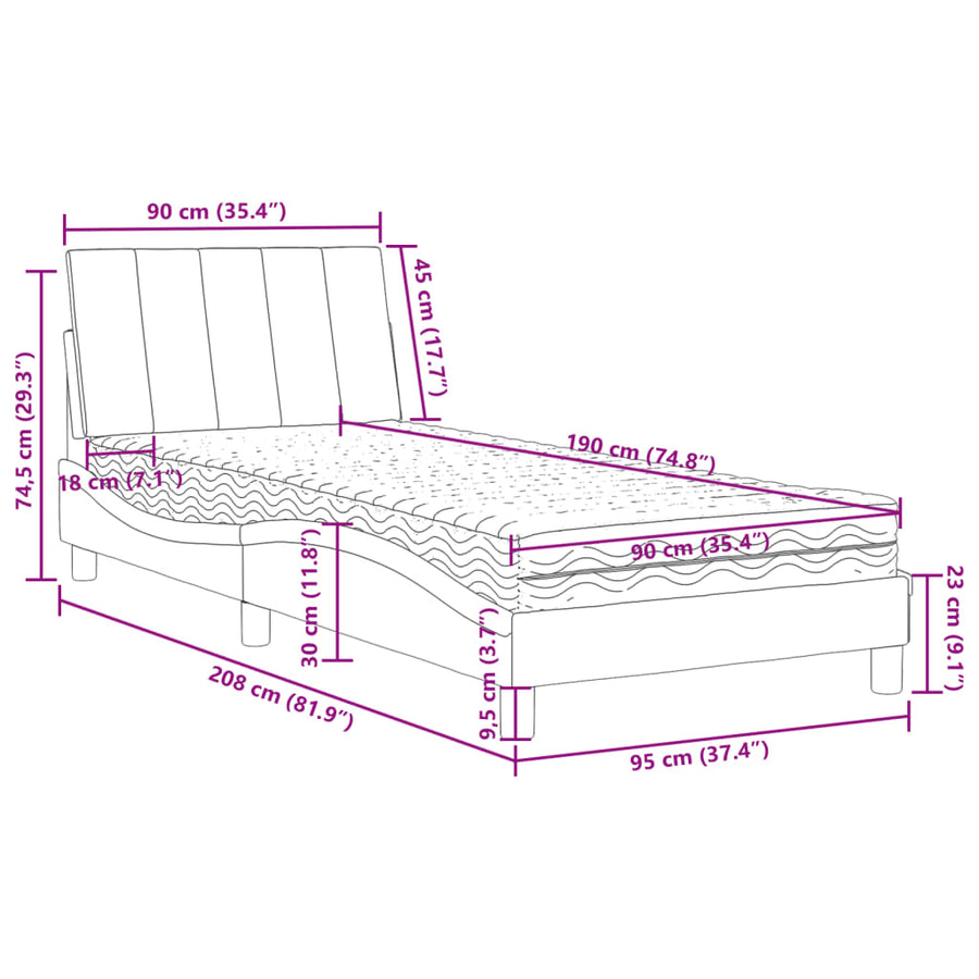 Bed met matras fluweel donkergrijs 90x190 cm