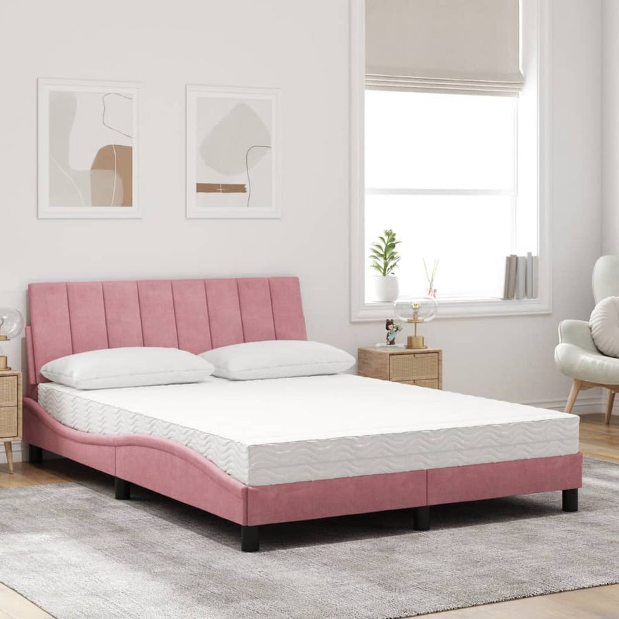 Bed Met Matras Fluweel 140 x 190 cm Roze