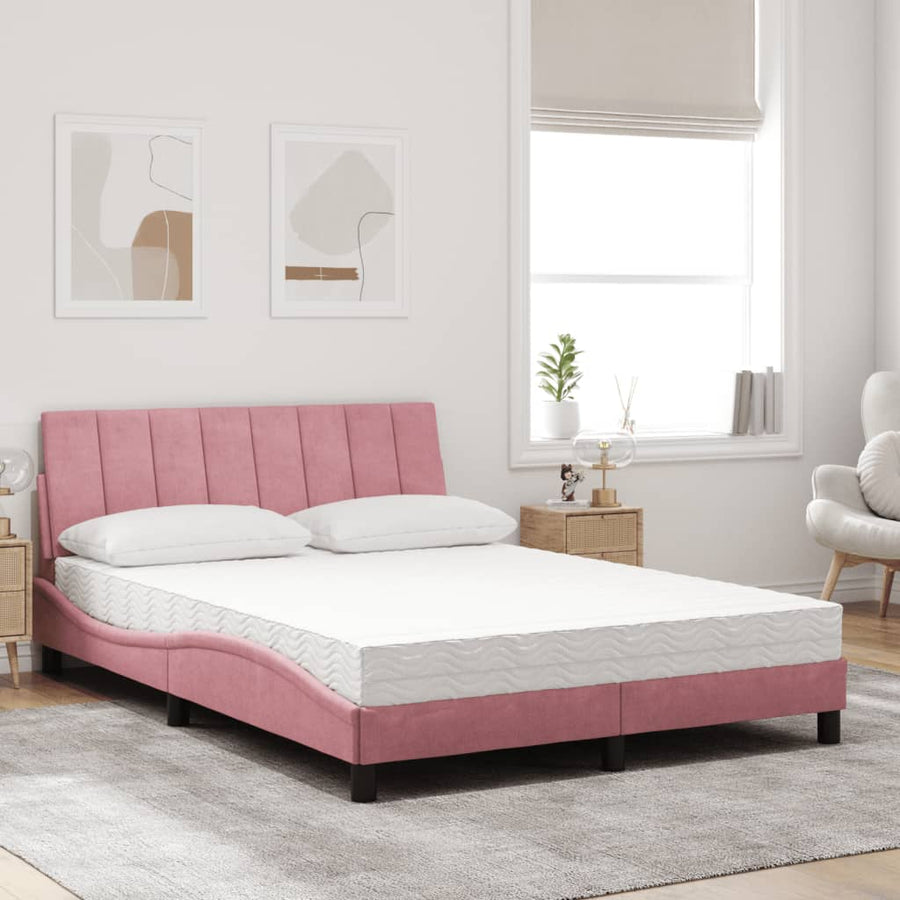 Bed Met Matras Fluweel 140 x 200 cm Roze