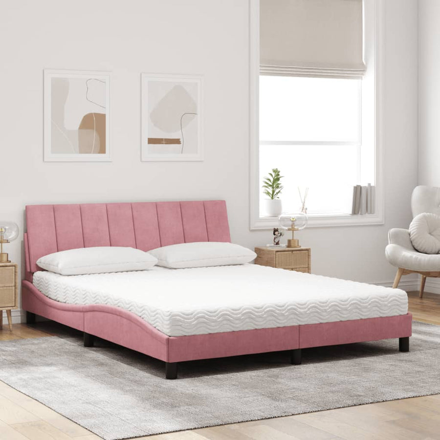 Bed Met Matras Fluweel 160 x 200 cm Roze