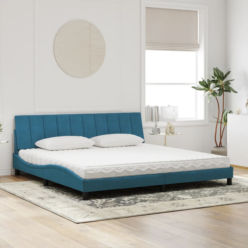 Bed Met Matras Fluweel 200 x 200 cm Blauw