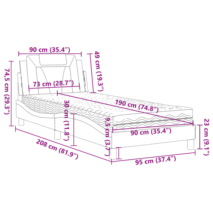 Bed "Viana" met matras kunstleer zwart en wit 90x190 cm