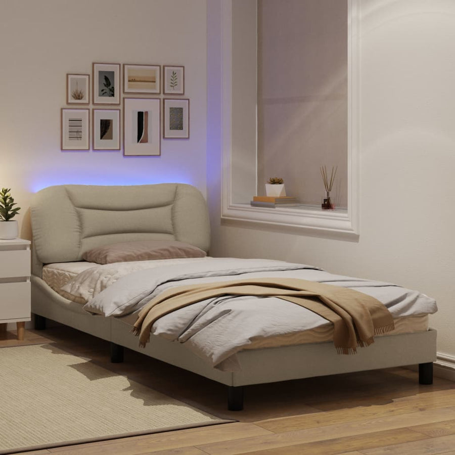 Bedframe Met Led-Verlichting Stof Crèmekleurig 100X200 Cm