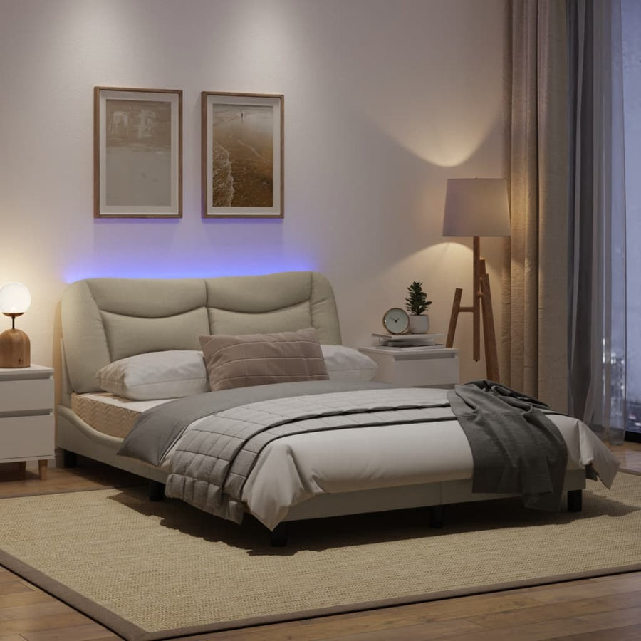 Bedframe Met Led-Verlichting Stof Crèmekleurig 140X190 Cm