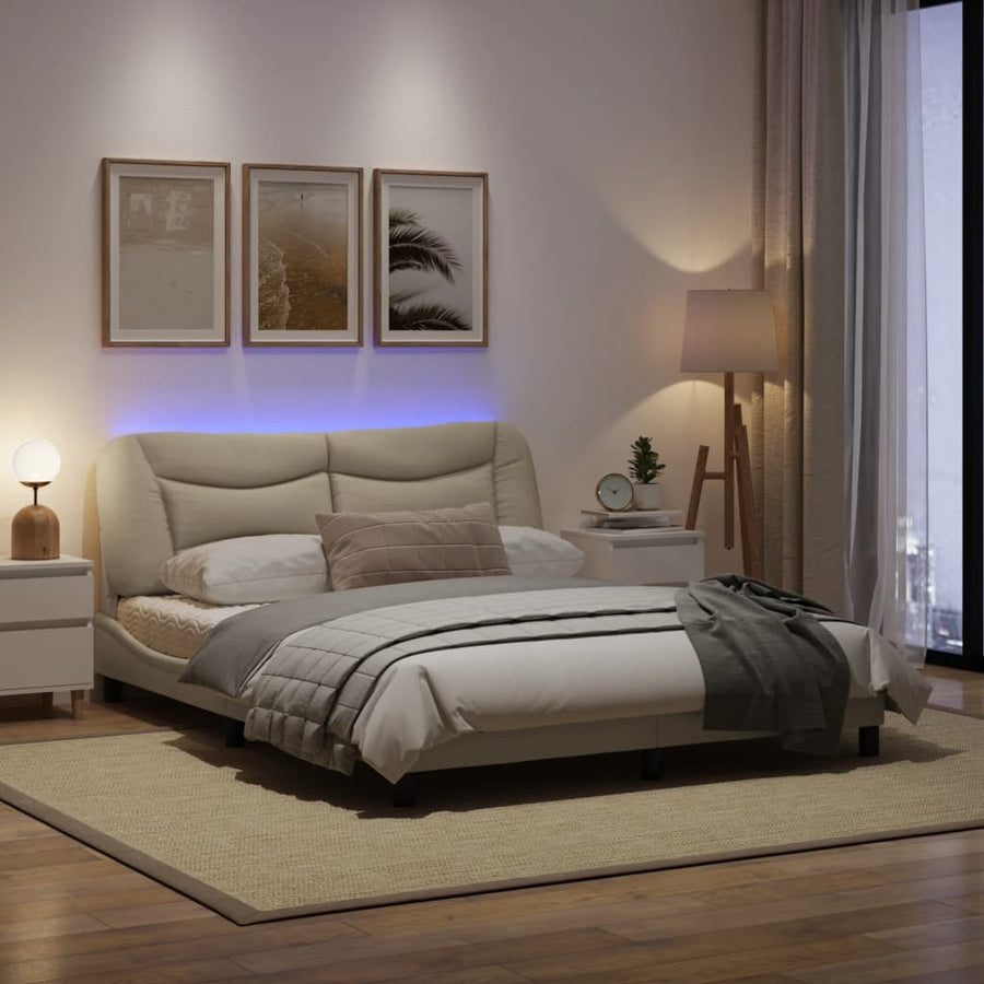 Bedframe Met Led-Verlichting Stof Crèmekleurig 160X200 Cm