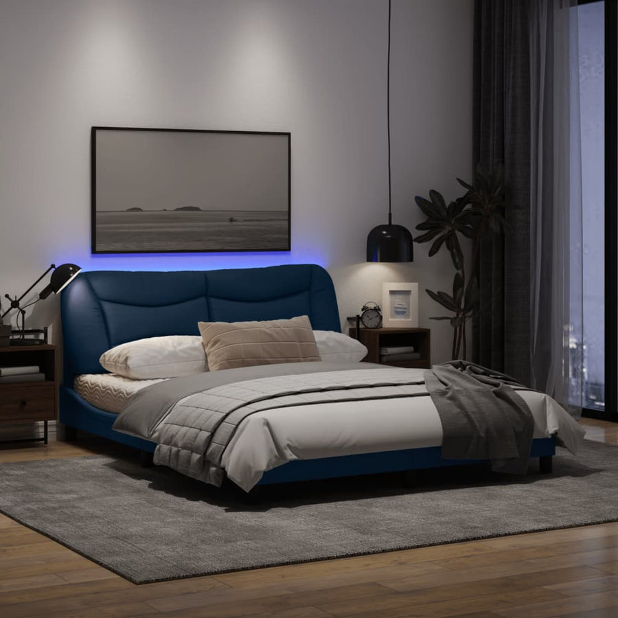 Bedframe Met Led-Verlichting Stof Blauw 160X200 Cm
