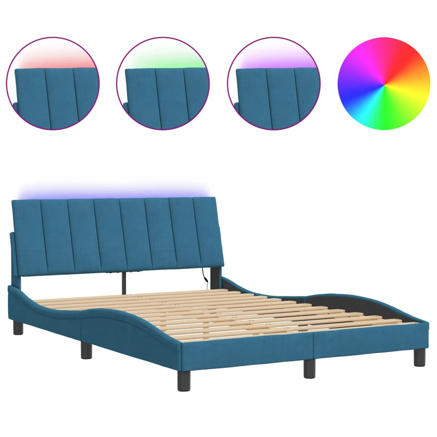 Bedframe Met Led-Verlichting Fluweel 140 x 190 cm Blauw