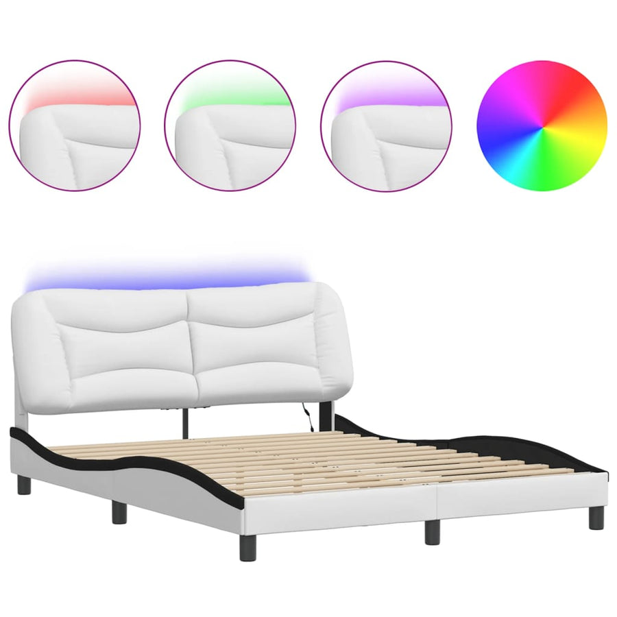 Bedframe Met Led-Verlichting Kunstleer 160 x 200 cm Wit en zwart