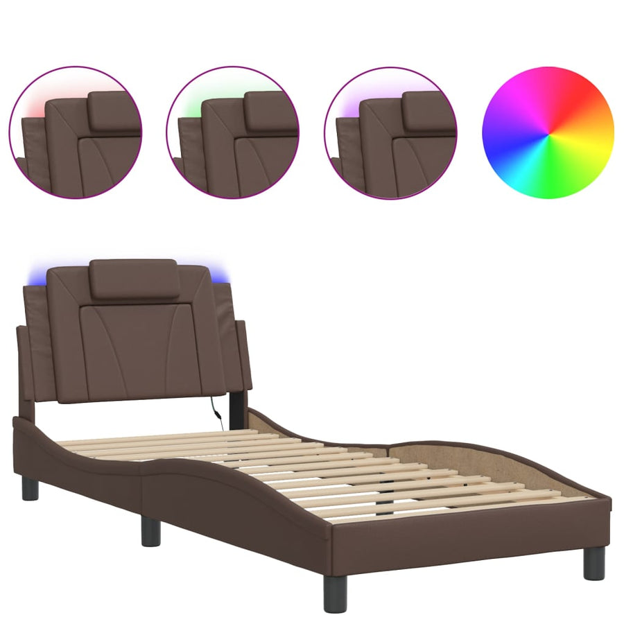 Bedframe Met Led-Verlichting Kunstleer Bruin 80X200 Cm