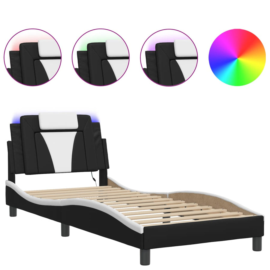 Bedframe Met Led-Verlichting Kunstleer Zwart En Wit 80X200 Cm