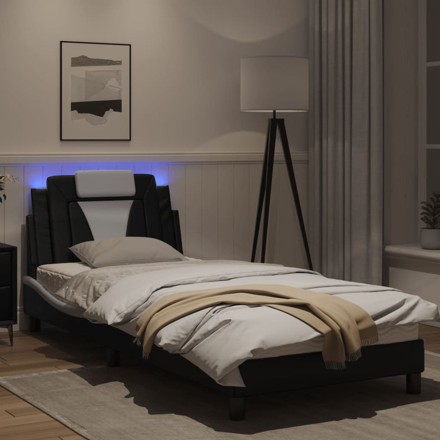 Bedframe Met Led-Verlichting Kunstleer Zwart En Wit 80X200 Cm