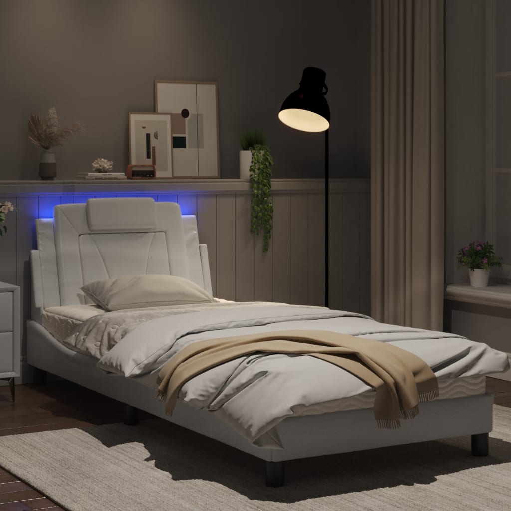 Bedframe Met Led-Verlichting Kunstleer Wit 90X190 Cm