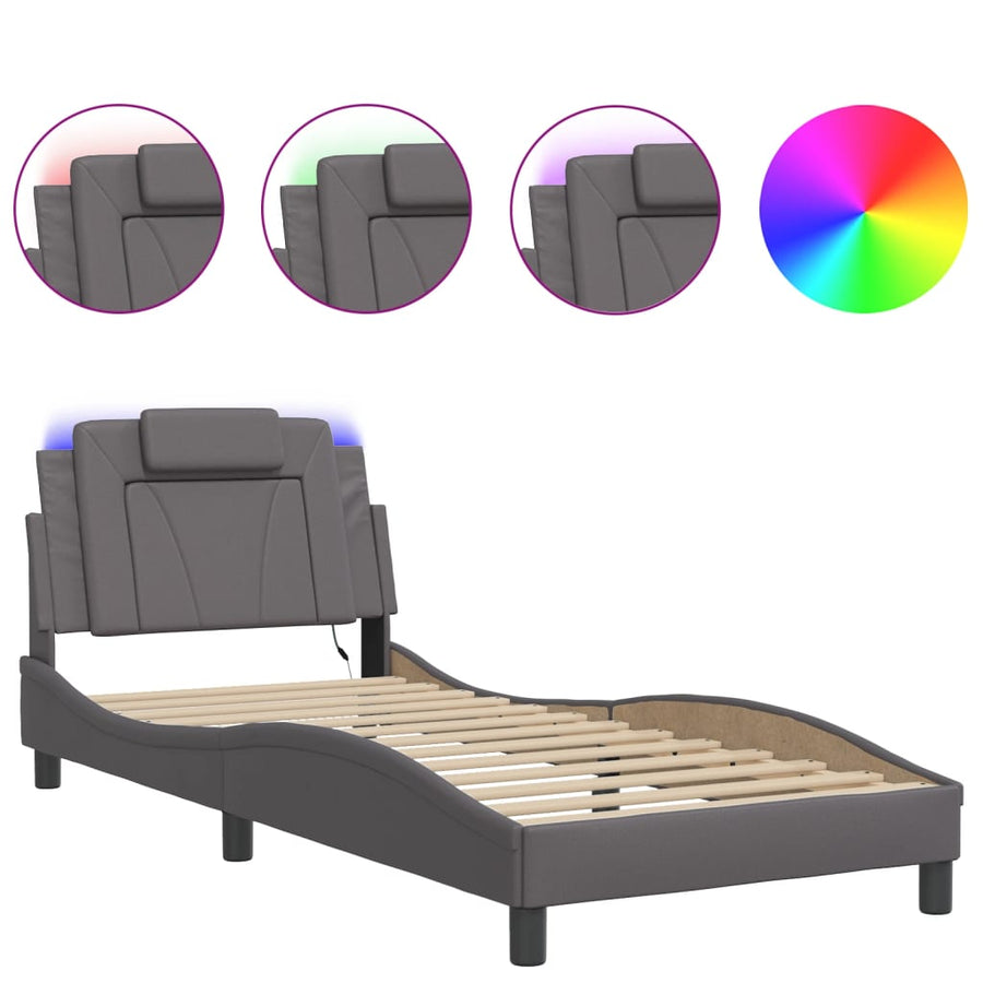 Bedframe Met Led-Verlichting Kunstleer Grijs 90X190 Cm
