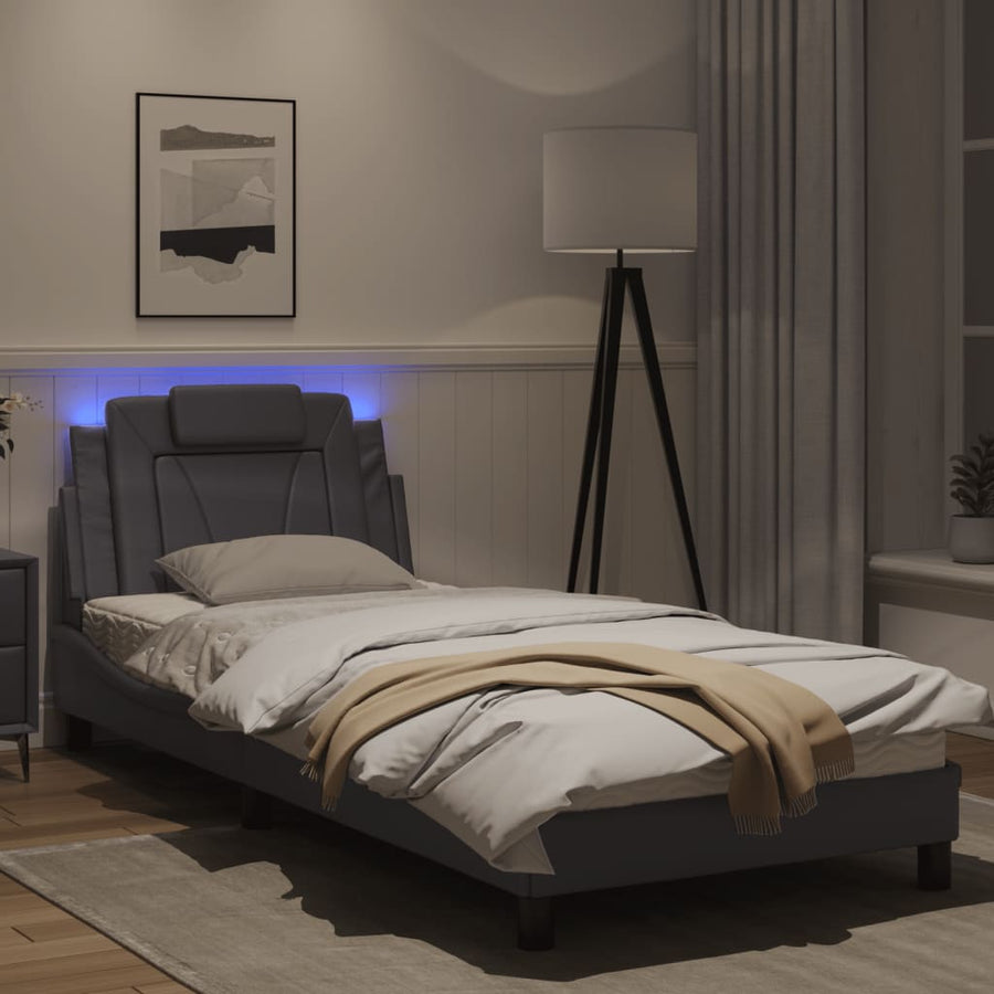 Bedframe Met Led-Verlichting Kunstleer Grijs 90X190 Cm