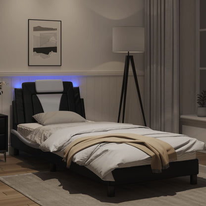 Bedframe Met Led-Verlichting Kunstleer Zwart En Wit 90X200 Cm