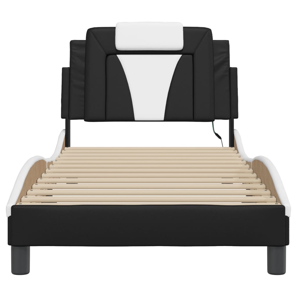Bedframe Met Led-Verlichting Kunstleer Zwart En Wit 90X200 Cm