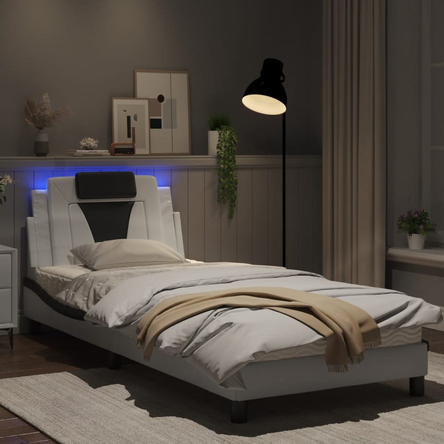 Bedframe Met Led-Verlichting Kunstleer Wit En Zwart 90X200 Cm