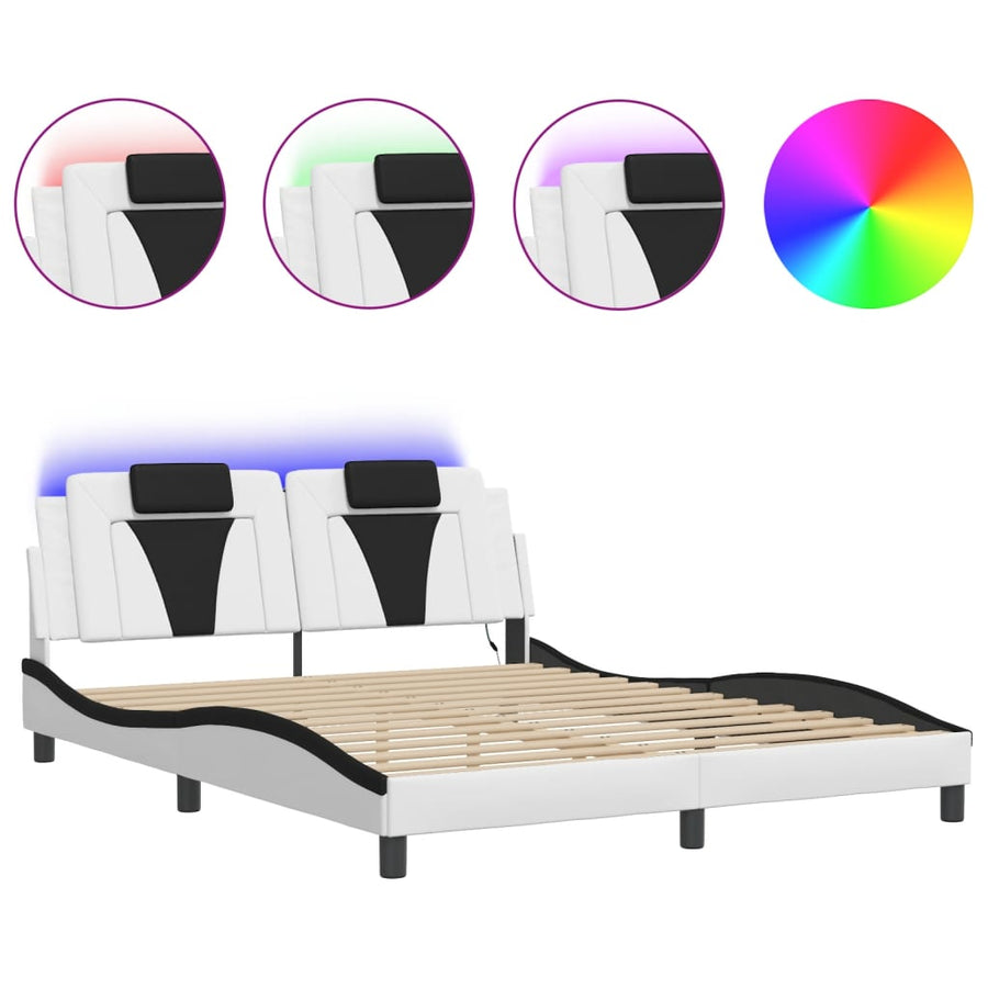 Bedframe Met Led-Verlichting Kunstleer 160 x 200 cm Wit en zwart