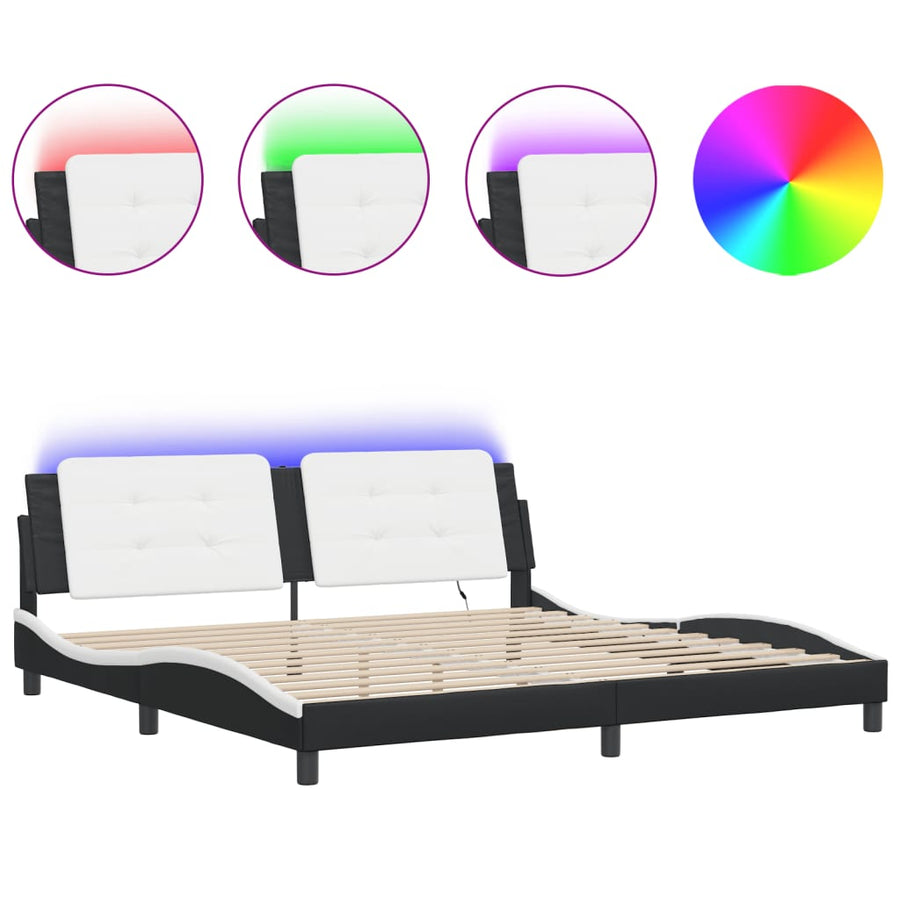 Bedframe Met Led-Verlichting Kunstleer 200 x 200 cm Zwart en wit