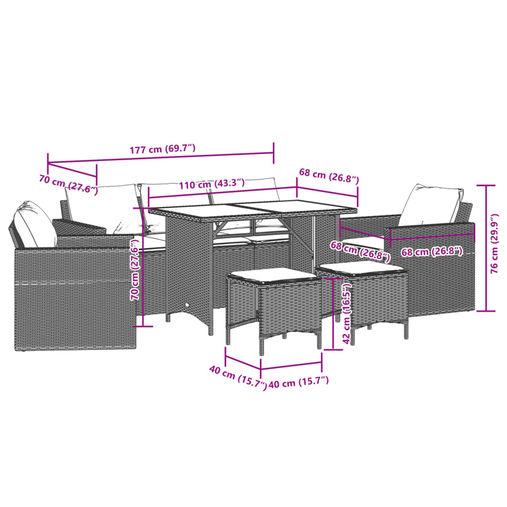 6-delige Loungeset met kussens poly rattan bruin