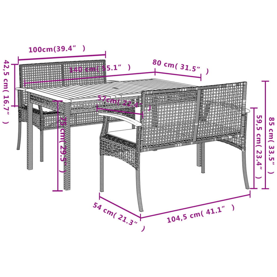 3-Delige Tuinset Met Kussens Poly Rattan Grijs