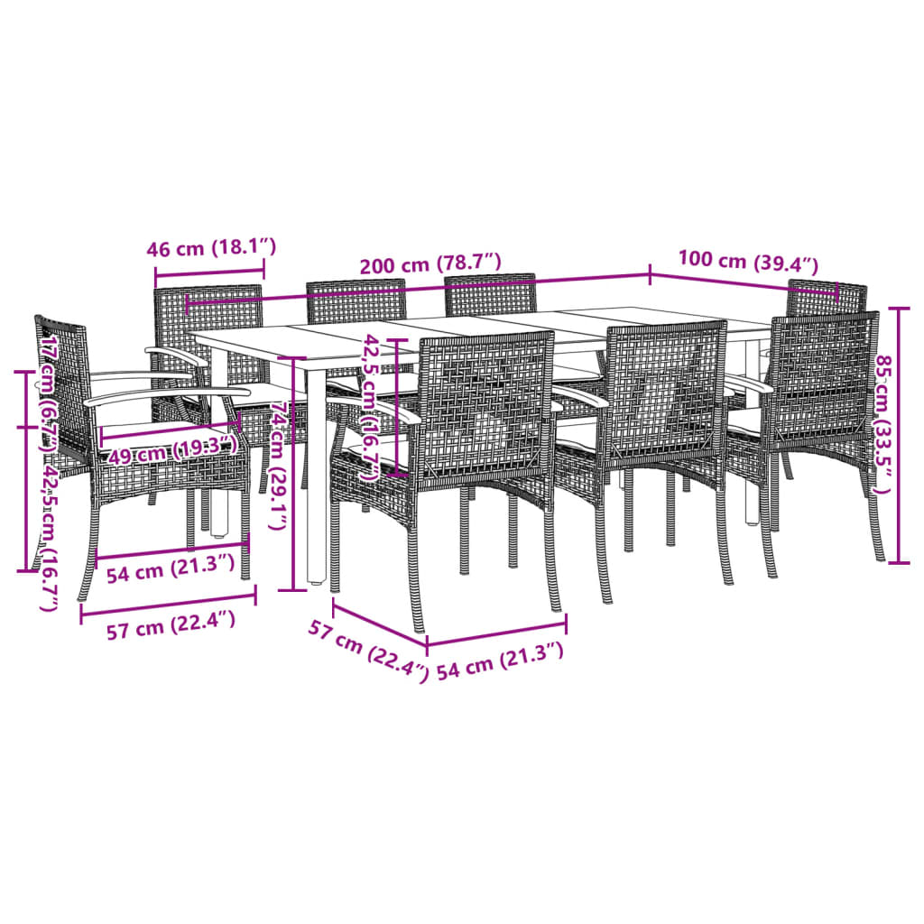 9-Delige Tuinset Poly Rattan Zwart 8 200 cm tafellengte