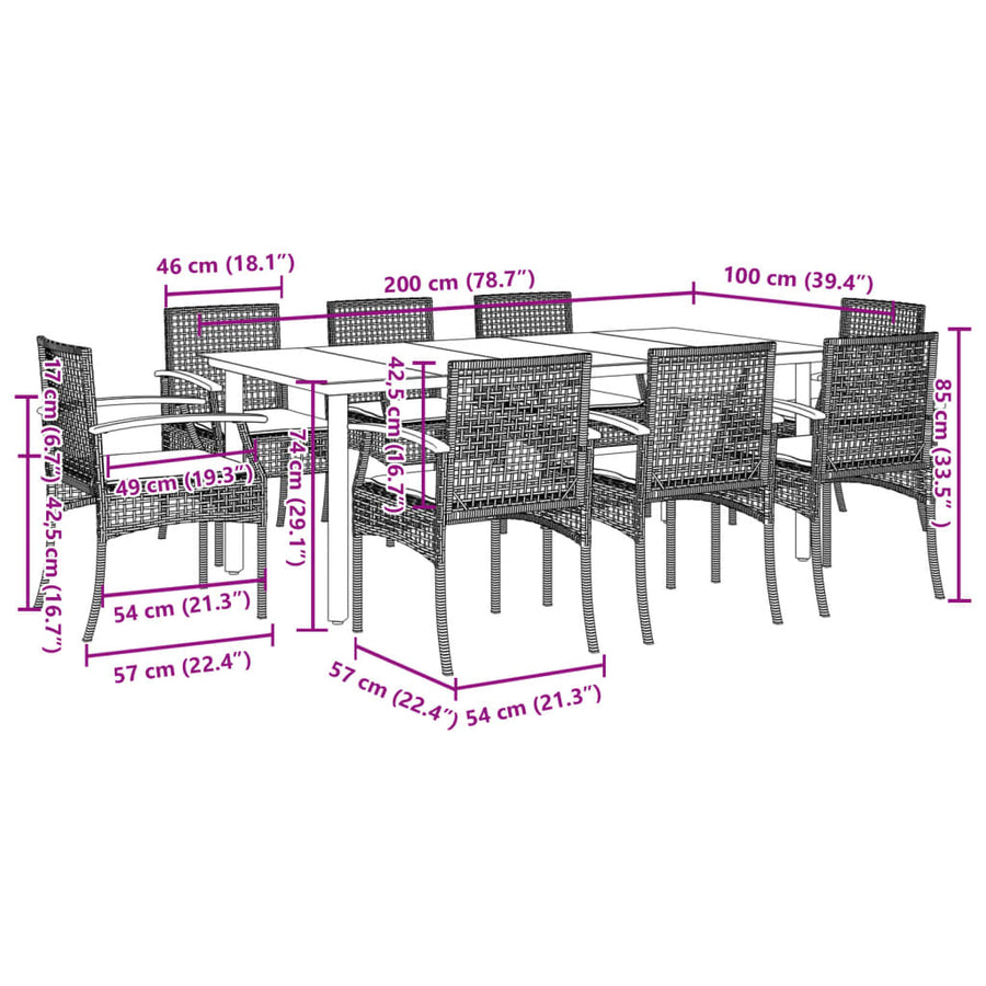 9-Delige Tuinset Poly Rattan Zwart 8 200 cm tafellengte