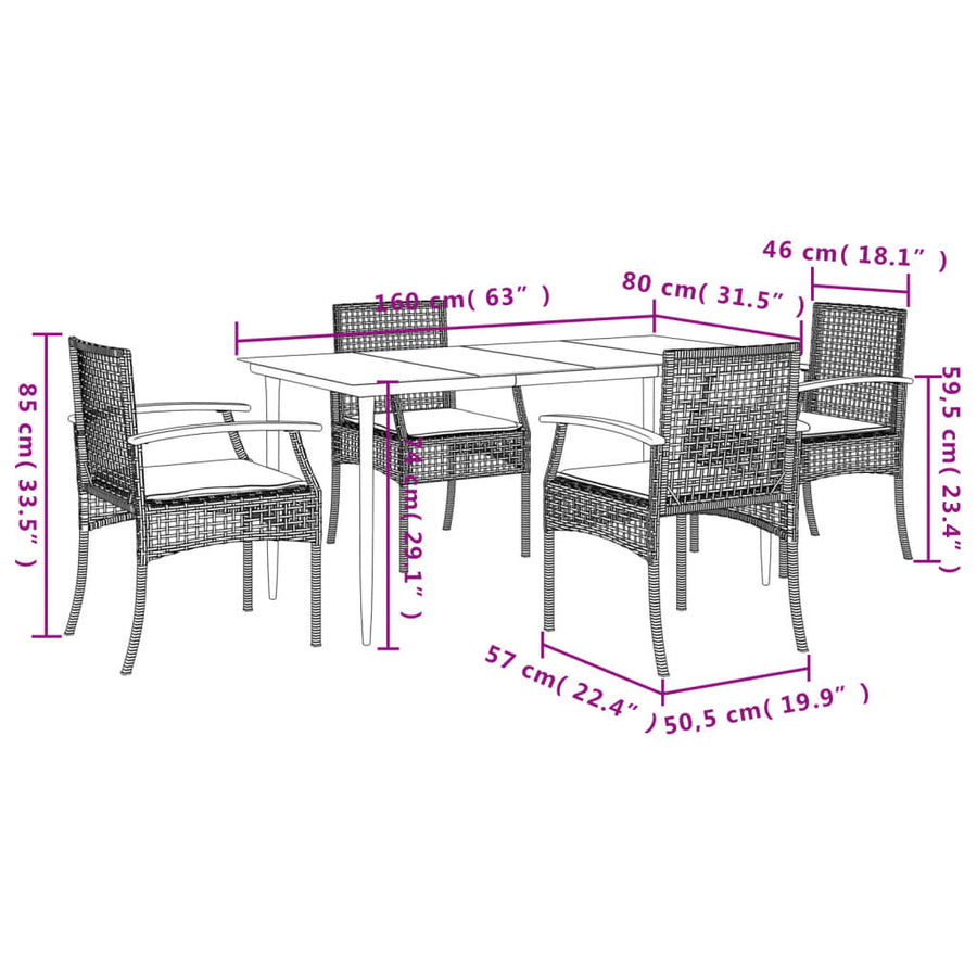 5-delige Tuinset met kussens poly rattan grijs