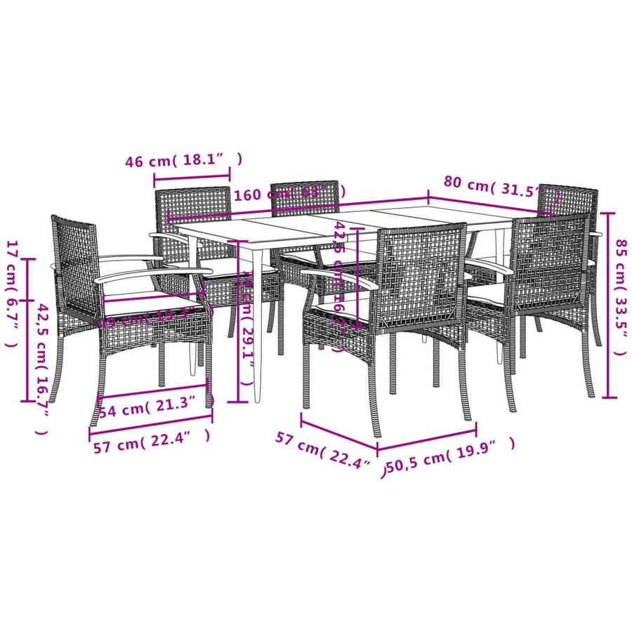 7-delige Tuinset met kussens poly rattan grijs
