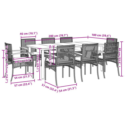 9-Delige Tuinset Met Kussens Poly Rattan Grijs 8 200 cm tafellengte
