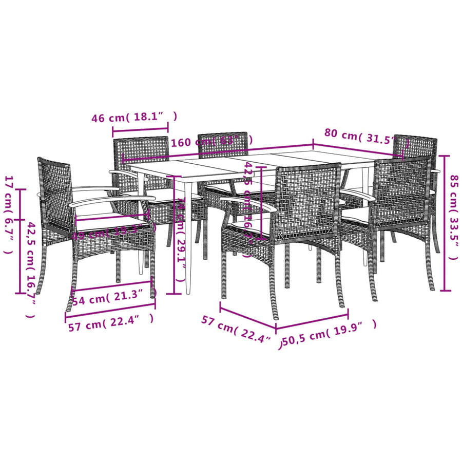 7-delige Tuinset met kussens poly rattan beige