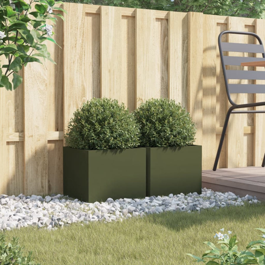 Plantenbakken 2 st 32x30x29 cm koudgewalst staal olijfgroen 2 32 x 30 x 29 cm Groen