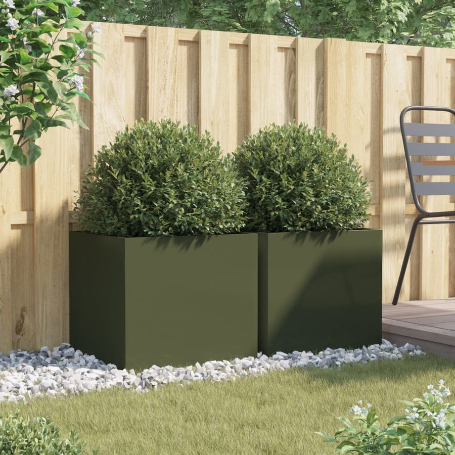 Plantenbakken 2 st 49x47x46 cm koudgewalst staal olijfgroen 2 49 x 47 x 46 cm Groen