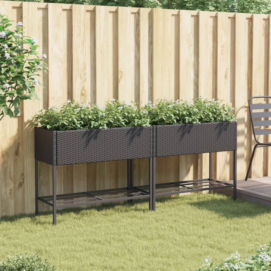 Plantenbakken met schap 2 st 90x40x75 poly rattan zwart