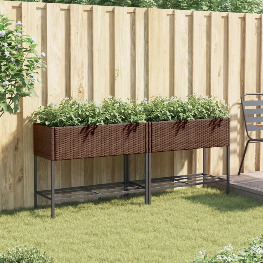 Plantenbakken met schap 2 st 90x40x75 poly rattan bruin