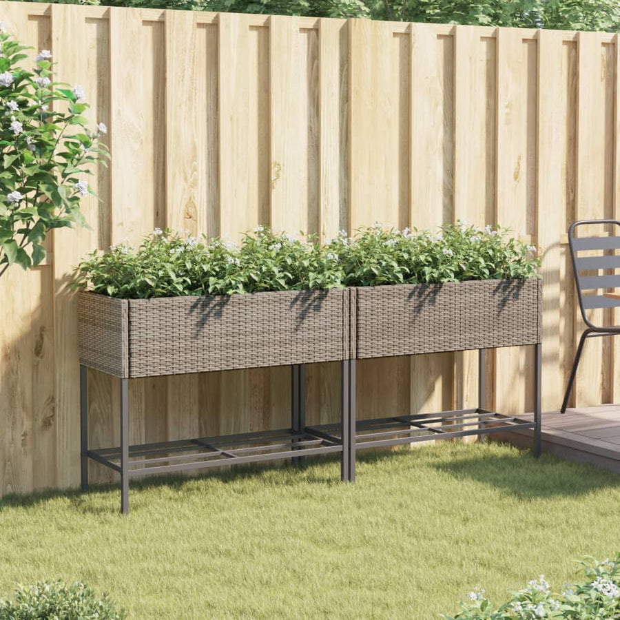 Plantenbakken met schap 2 st 90x40x75 poly rattan grijs