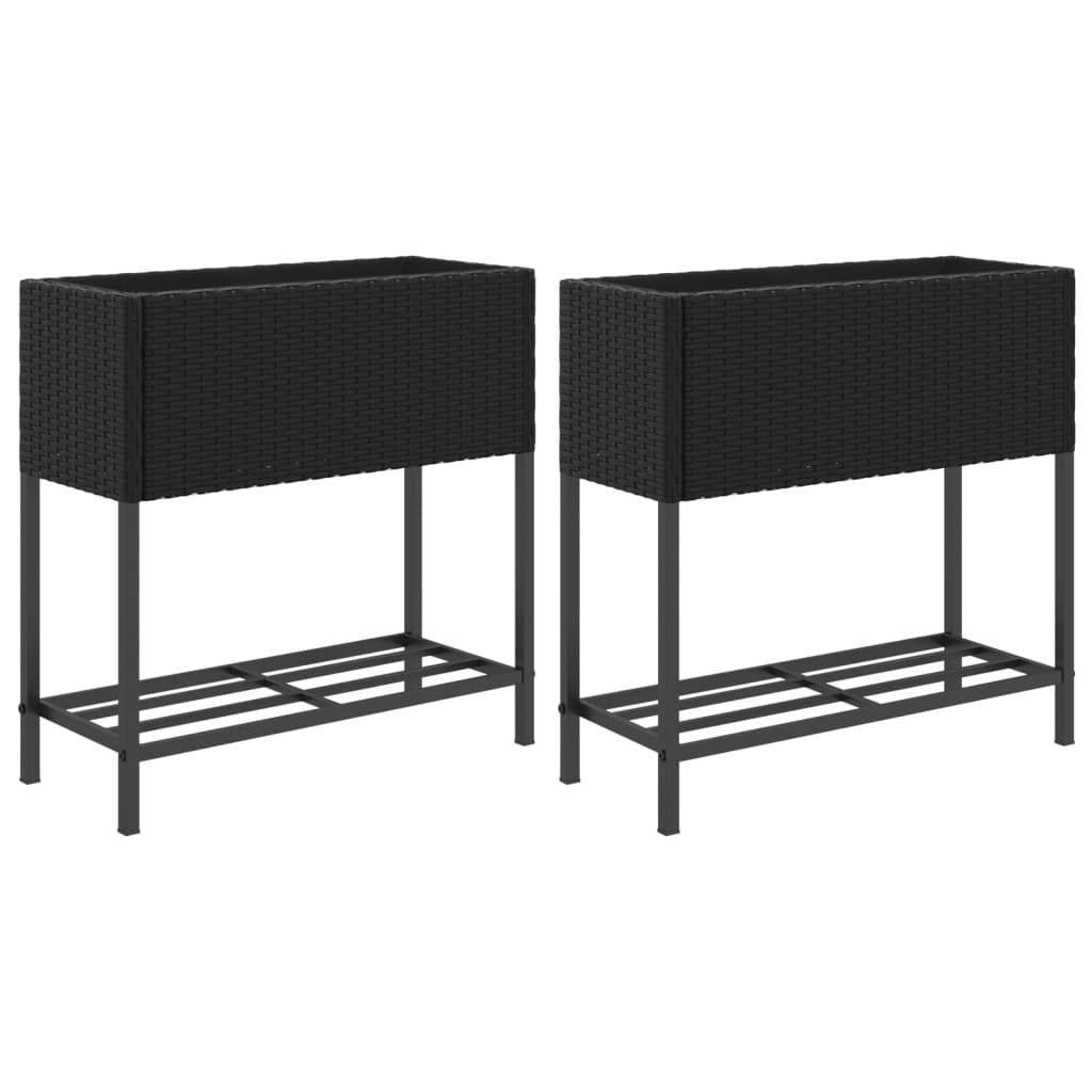 Plantenbakken met schap 2 st 70x28x70 poly rattan zwart