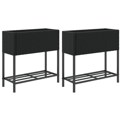 Plantenbakken met schap 2 st 70x28x70 poly rattan zwart
