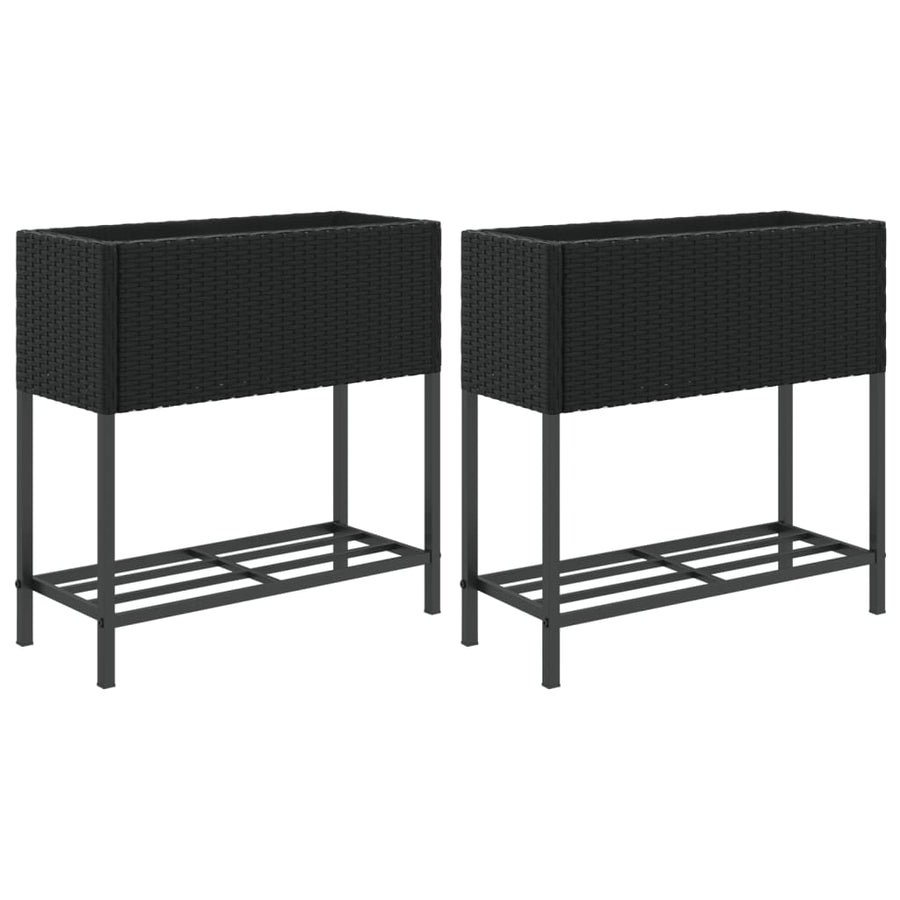 Plantenbakken met schap 2 st 70x28x70 poly rattan zwart