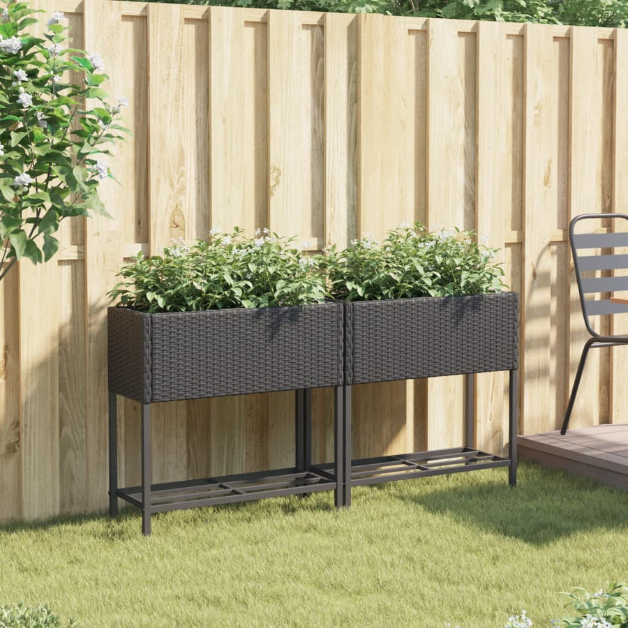 Plantenbakken met schap 2 st 70x28x70 poly rattan zwart
