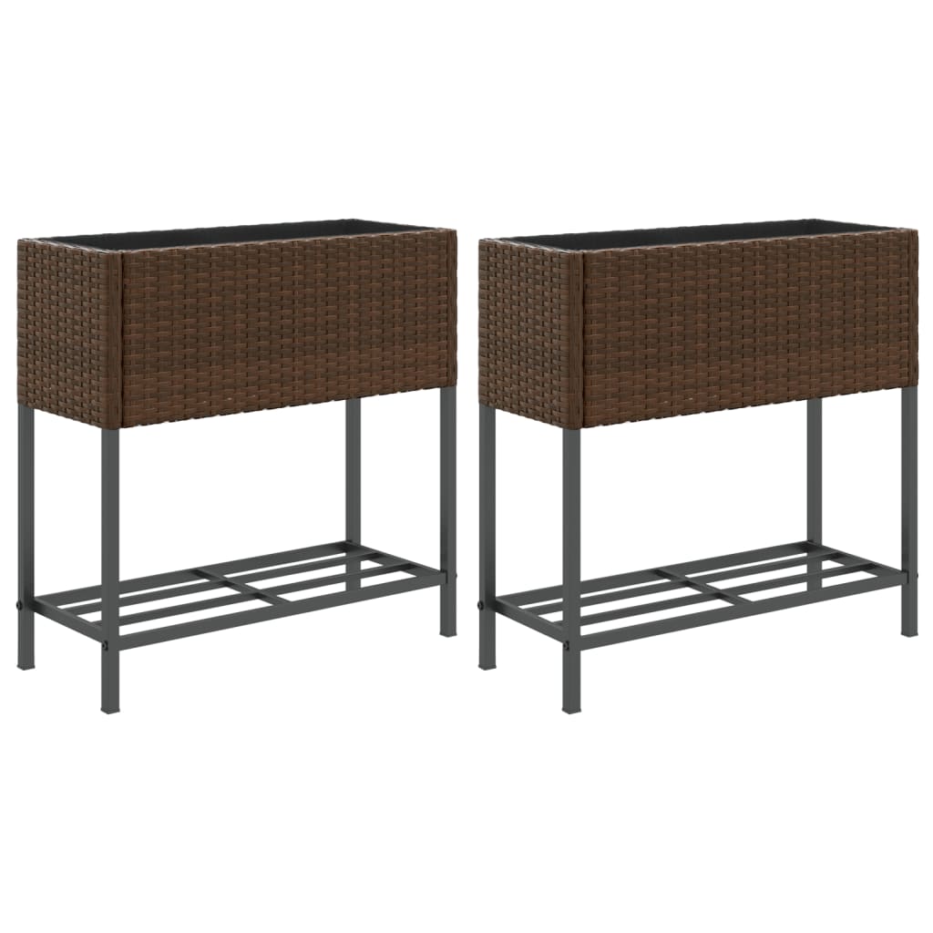 Plantenbakken met schap 2 st 70x28x70 poly rattan bruin