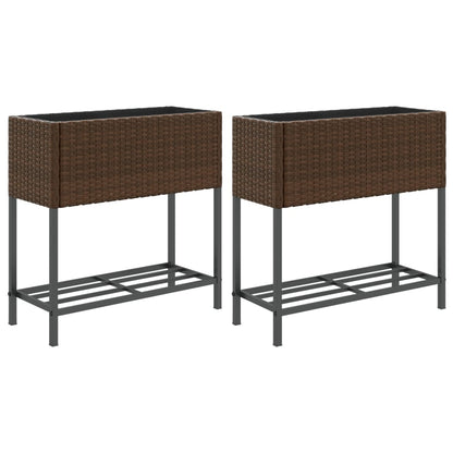 Plantenbakken met schap 2 st 70x28x70 poly rattan bruin