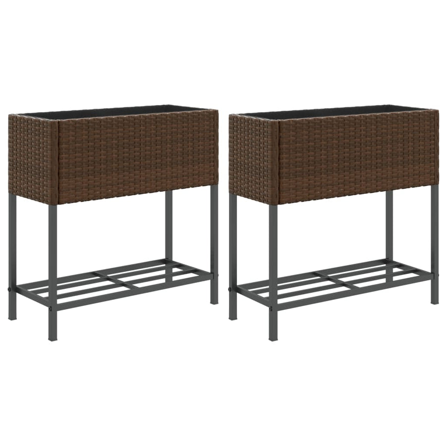 Plantenbakken met schap 2 st 70x28x70 poly rattan bruin