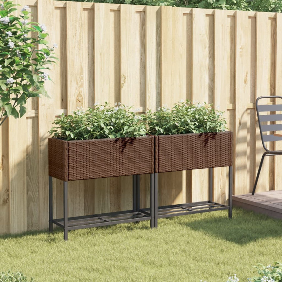 Plantenbakken met schap 2 st 70x28x70 poly rattan bruin